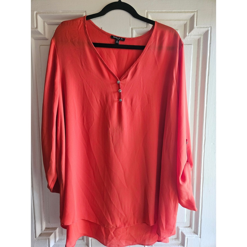 Sami & Jo Plus Womens 2X Coral Orange Roll Tab Sleeve Henley Blouse V-Neck Top